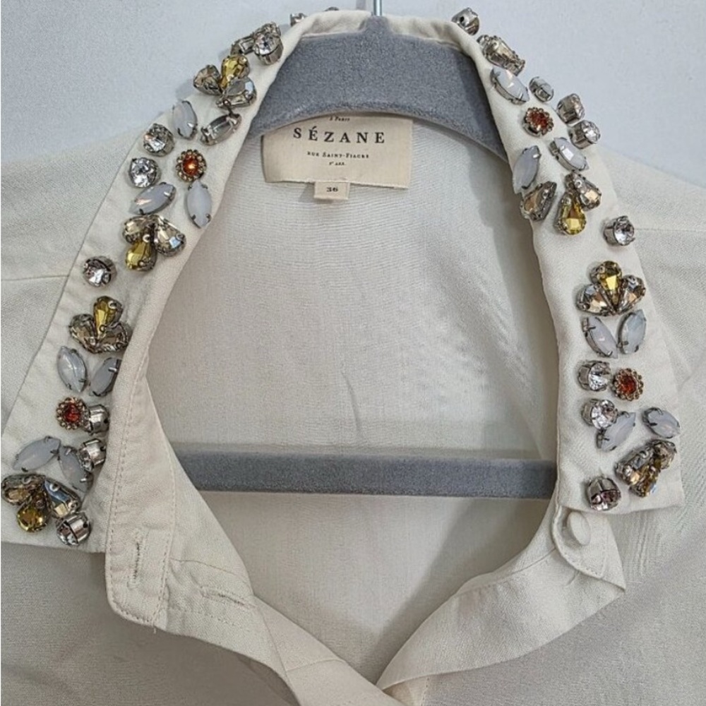 Sezane Embellished Silk Clasdic Button-Up Blouse -size 4 / FR 36)